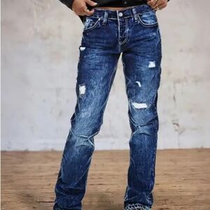 Flamingals Distressed Blue Jeans, Mid-Waist, Straight Leg, Size L